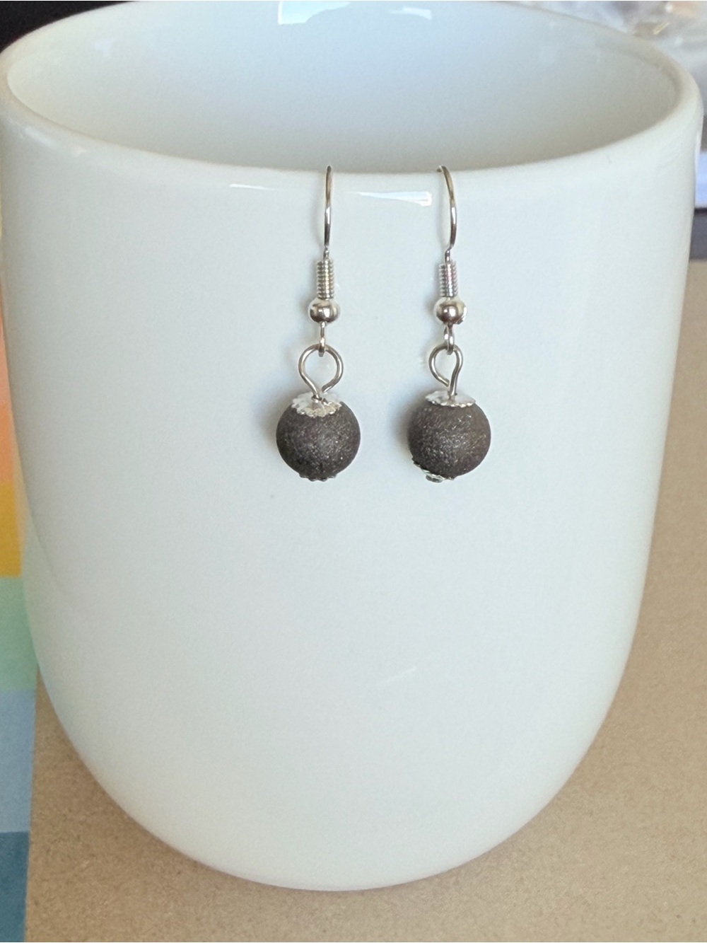 Hand Crafted Black Matte Quartz Beaded Drop Earrings Minimalist Crystal Jewelry